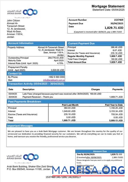 Downloadable Jordan Arab Bank mortgage statement Word and PDF template